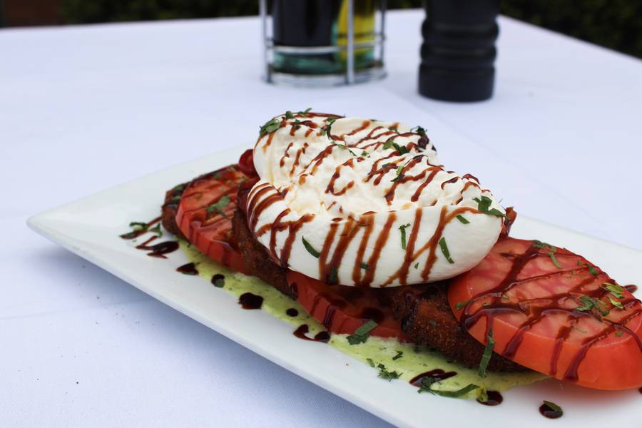 Eggplant caprese with burrata and a balsamic drizzle